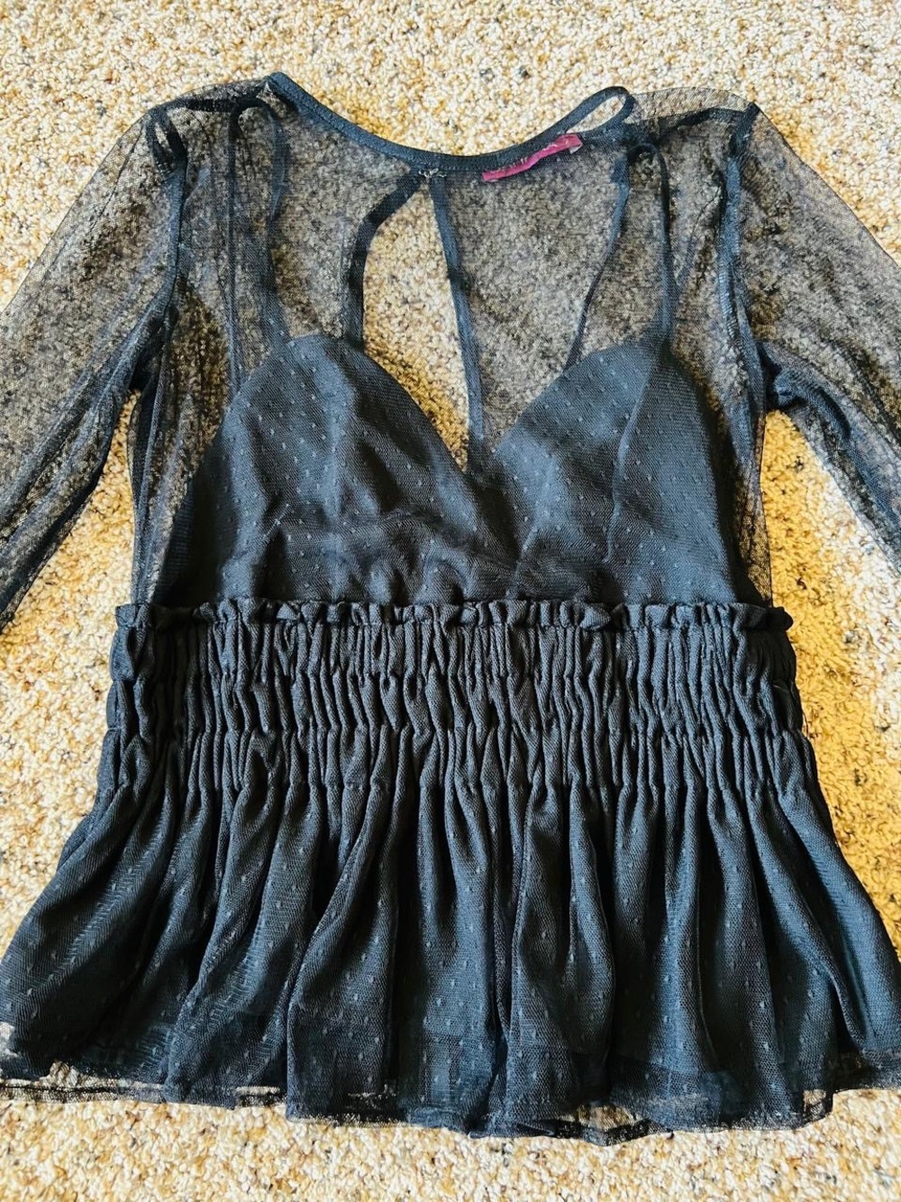 Zara Black Sheer Long-Sleeve Smocked Peplum Mesh Top